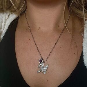 Elegant Diamond ‘M’ Initial Necklace with Purple Gem Heart